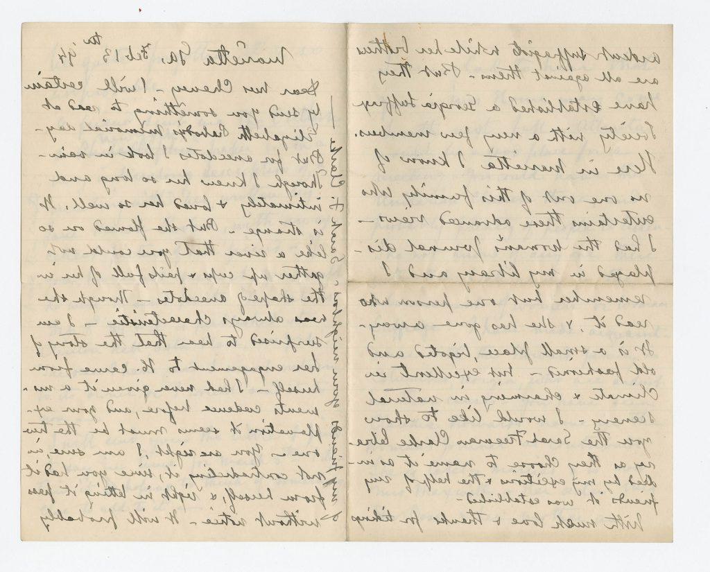 Color photograph of two pages of a letter written at Marietta, 乔治亚州, dated February 13, 1894, and addressed to “Dear Mrs. 切尼.”